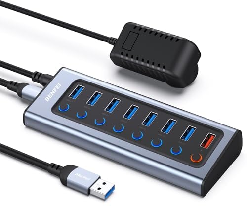 BENFEI Hub USB alimenté, hub répartiteur USB 3.0 8 Ports (7 Ports de Transfert de données Plus Rapides + 1 Port de Charge) avec Adaptateur Secteur et interrupteurs Marche/arrêt LED individuels