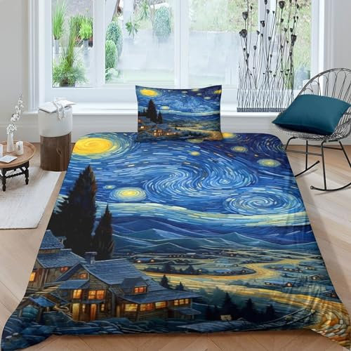 AAHARYA Ruhiger Nachthimmel Bettwäsche Van Gogh Style 3D Bettbezug Set 3teilig Microfaser Bettwäschegarnitur Mit Van Gogh Style Gedruckt,Verdeckter Reissverschluss Single（135x200cm）
