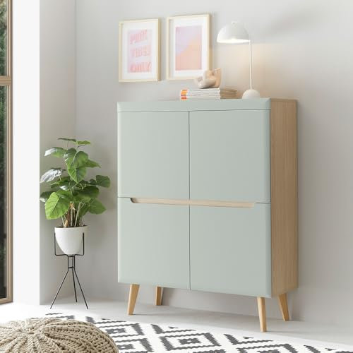Lomadox Wohnzimmer, Esszimmer Highboard, Schrank, Anrichte in Grün Matt mit Eiche