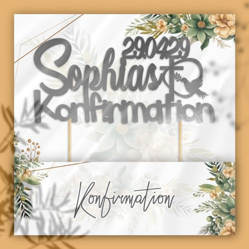 Cake Topper Personalisiert Tortenstecker mit individuellen Wunschnamen – Name, Datum, Kuchendeckel Glamour (Konfirmation, Silber)