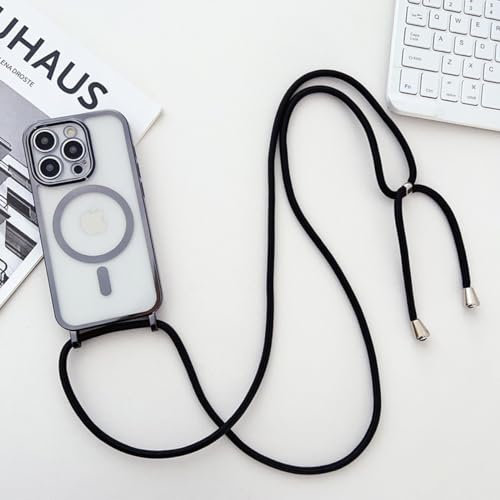Yhsvie Mobile Phone Chain iPhone 13 Pro Magnetic Case with Strap, Clear Silicone Mobile Phone Case Compatible with MagSafe Protective Case with Cord Lanyard Bumper Galvanised Thin TPU Case Cover 6.1