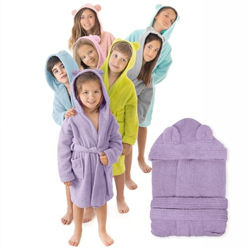 LEBENGOOD - Accappatoio Bambini adolescenti Cotone: Bambino, Bambina, 100% Cotone OEKO-TEX - 2 tasche, cintura, cappuccio (Orej Malva 1-2 IT)