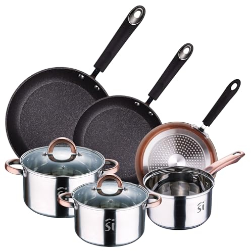 Batería 5pc acero inox Ø16Ø18Ø20 + Juego de sartenes Ø20Ø24Ø28 aluminio forjado San Ignacio