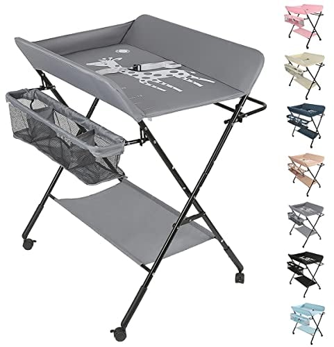 OHMG Baby Wickelkombi Klappbare Wickelkommode,Wickeltisch mit Rollen,Mobiler Wickeltisch mit Wickelauflage,Sicherheitsgurt und Ablagefächern,Wasserdicht und Höhenverstellbar,Stabil