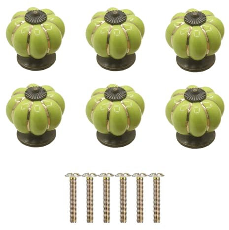 Yuaaoh Lot de 6 Poignée Ceramique Citrouille, Bouton de Porte de Placard, Poignet de Porte Bouton Porcelaine avec Vis pour Maison, Bureau, Armoire de Cuisine, Tiroirs et Placard 4x4x4cm (Vert)