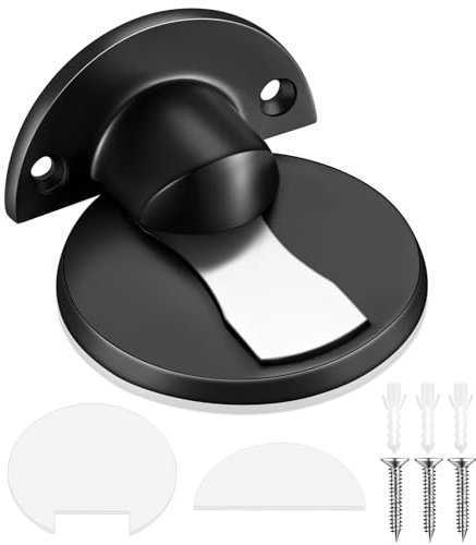 Gulfmew Black Floor Door Stoppers Stainless Steel Door Stop Heavy Duty Magnetic Doorstops Oval Floor Mounted Doorstop with Screws and Self Adhesive Pads Sound Dampening Rubber Buffer for Home Office