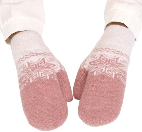 Bseical Damen Handschuhe Schnee Blume Druck halten Warm Herbst Winter Fausthandschuhe Fäustlinge Strickhandschuhe Outdoor (Dunkelrosa)