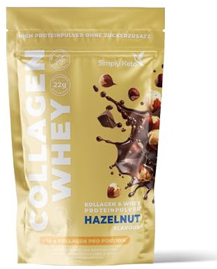 Kollagen & Whey Proteinpulver Haselnuss - Keto & Lower-Carb Shake, 22g Eiweiß, 0,5g Kohlenhydrate, Glutenfrei, Stevia gesüßt, Weidehaltung | 15 Portionen