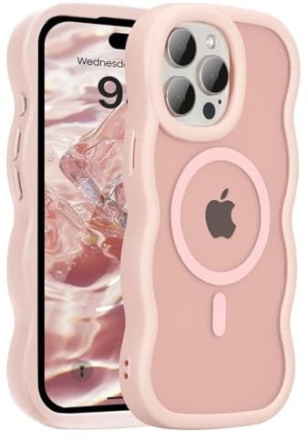 UEEBAI Magnetic for iPhone 14 Pro Max Case, Cute Cover Compatible with MagSafe, Transparent Clear Wave Design Wavy Frame Matte Phone Case- Pink