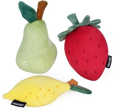 CHEWFFON Quietschende Plüschhundespielzeuge, Hundegeschenke zum Geburtstag für kleine und mittlere Hunde zur Langeweilebekämpfung, 3-stückiges Obst-Hundespielzeug-Satz – Erdbeere, Zitrone, Birne