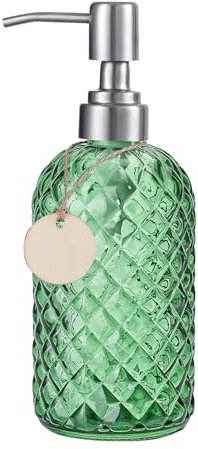 Topsky Glass Soap Dispenser with Siliver Metal Pump - 400ml Liquid Hand Soap Dispenser - Rustproof Pump for Kitchen & Bathroom, Great for Lotions, Essential Oil, Liquid Soaps Green