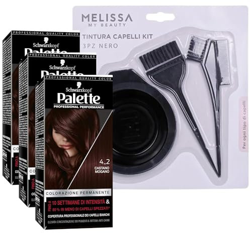 KIT TINTA CAPELLI: 3x Tinta Palette Colorazione Permanente, Crema Colorante Pro, Copertura Capelli Bianchi, Anti-danni + Set Tinta Capelli (4-2 Mogano, 4-2 Mogano)