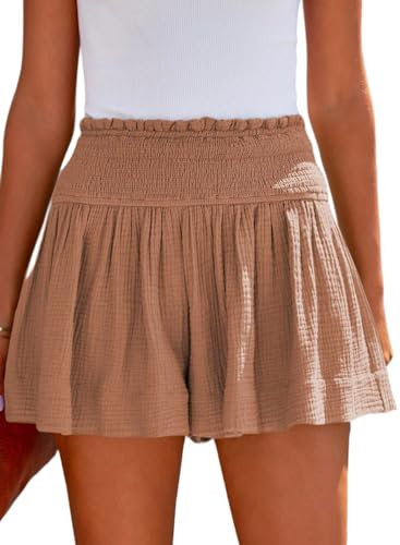 Tincini Shorts Damen Sommer Baumwolle Elastisch High Waist Kurze Hosen Causal Rüschen Strandshorts Einfarbig Freizeit Shorts Sweatpants (Rosa, M)