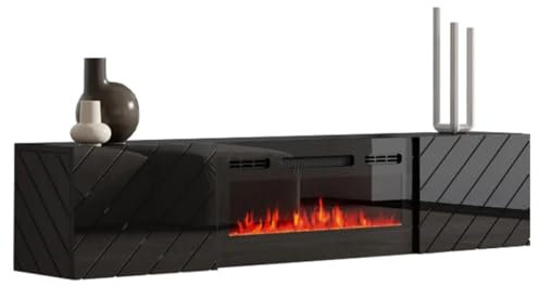 Mirjan24 TV-Lowboard Luxe EF mit Elektrischem Kamin, Realistische LED-Flamme, Schrank für Fernseher bis zu 80 Zoll, Fernsehschrank (Schwarz/Schwarz Hochglanz, mit Kamin Schwarz)