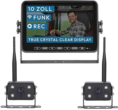 VSG24 10“ Element Wired PRO HD Funk Rückfahrsystem mit 2 Kameras für Wohnmobil & LKW, KFZ Set Rückfahrkamera kabellos + Monitor DIY Nachrüsten 12V-24V Kamera digital Auto Rückspiegel Pferdeanhänger
