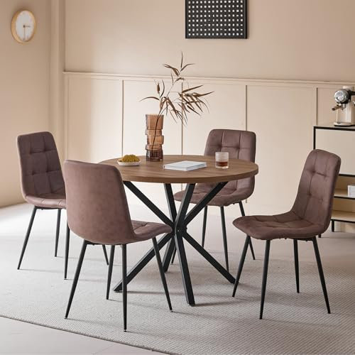 DEYARNA HOME Essgruppe 5-Teilig, 100cm Runder Esstisch und 4 Kunstleder Esszimmerstühle, Tisch und 4 Stühle für Küche, Wohnzimmer, Balkon, Restaurant, Büro (Dunkle Holzfarbe+Dunkelbraun)