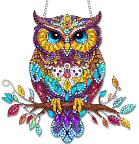 Reofrey Hanging Diamond Art Kits for Adults– 20x20cm Owl Animal Acrylic Board Double Sided Pattern Diamond Painting Suncatcher Pendant, DIY Crystal Art for Home Wall or Window Decoration Gift