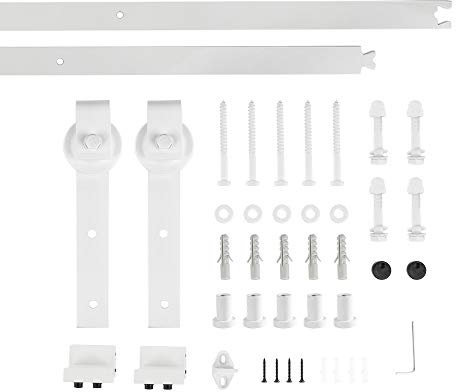 Kit de herrajes de puerta corredera 200cm/6.6FT, blanco, sistema de puerta corredera, riel de suspensión de acero al carbono con ruedas y riel para puerta corredera