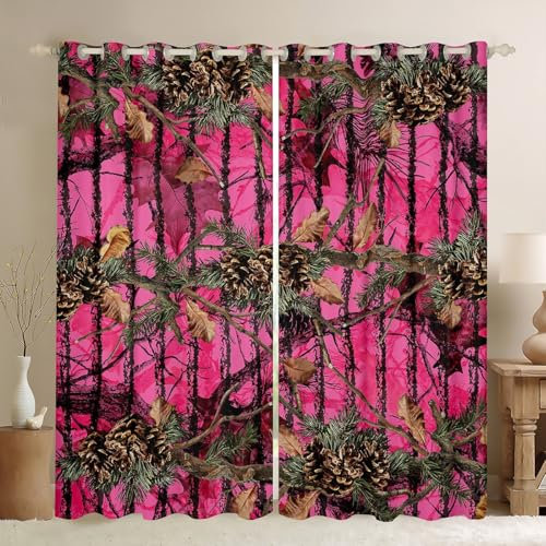 Manfei Cortinas de ventana de camuflaje rosa para niños, rama de árbol muerto, rama de árbol muerto, cortinas de ventana para niños y niñas, cortinas de ventana de caza, aventura de madera,