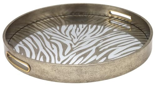 Silver Round Zebra Print Decorative Coffee Table Vanity Tray, Dressing Table Top Storage