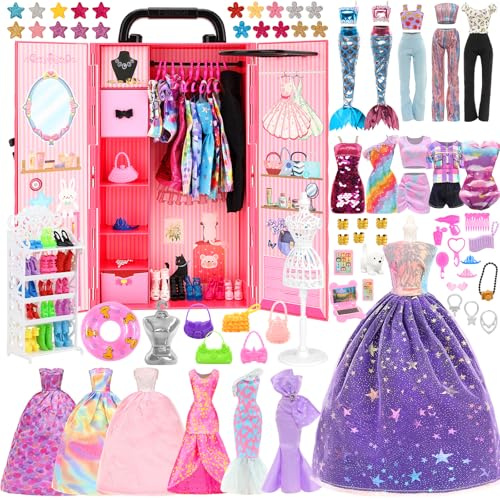 140Pcs Fashion Doll Clothes & Accessories with Doll Closet Wardrobe for 11.5 Inch Dress Up Including Party Gown Mini Dresses Swimsuits Tops Pants Outfits Shoes Bags Necklaces Toys Gifts for Girls