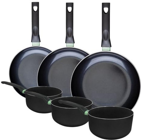Fackelmann 9431050 Ensemble de 3 poêles de 20 24 et 28 cm et 3 casseroles 16 18 et 20 cm, revêtement céramique antiadhésif sans PFAS, tous feux, induction, four, Aluminium, Noir, Vert, 16, 18 et 20 cm
