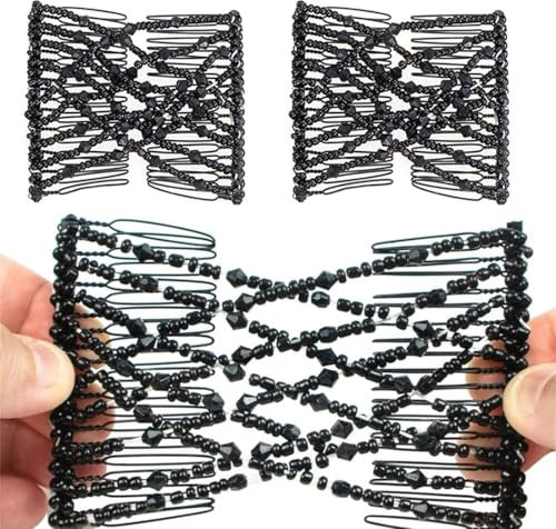 JEYORZY Lot de 2 peignes à cheveux magiques avec perles élastiques - Pinces à cheveux pour femme - Tendance - Extensibles - Pinces à cheveux magiques - Noir