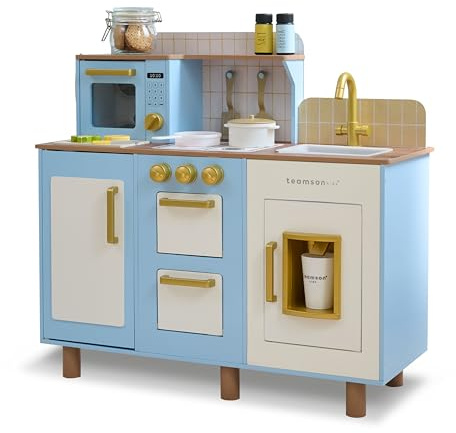 Teamson Kids Little Chef Hampton Wooden Play Kitchen Set with Ice Dispenser, Sink, Click Hob Knobs, Storage & 17 Accessories Included for Toddlers