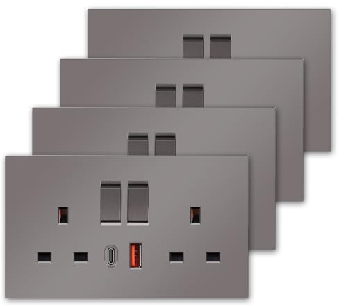 CNBINGO 4-Pack Double Switched Socket, USB-AC Fast Charging, White Matt | Electric Power Socket with 20W USB-A and Type-C, Wall Outlet with PC Panel, 2-Gang, Ideal for Home Office