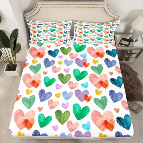 TACOKI 3D Herz Spannbettlaken 120x200cm, Bunt Weiches Mikrofaser Bettlaken für Kinder, Bettlaken Spannbetttuch 120x200 bis 30 cm Matratzenhöhe mit 2 kissenbezüge 5330v
