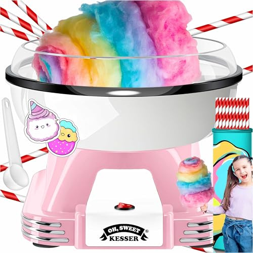 KESSER® Zuckerwattemaschine Set für Dein zuhause - Mit 30x Zuckerwatte Stäbchen & Messlöffel - Retro Cotton Candy Machine - Zuckerwatte Maschine Mit Zubehör - Höhe 22 cm - 500 W Rosa Weiß