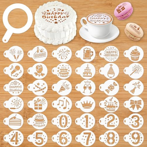 MWOOT 36 Stück Kaffeeschablonen Torten Schablone für Geburtstag, Backvorlagen, Cookie Stencils, Latte Painting, Tortenschablonen, Plätzchenschablonen, Kuchen-Dekoration, DIY Basteln