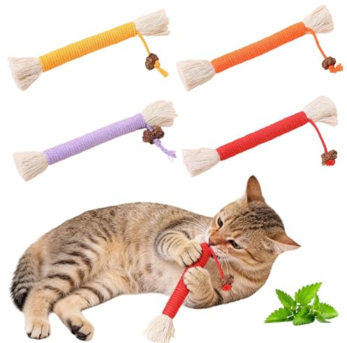 SNBUHA 4 Pièces Jouet Chat Corde, Bâtonnets à Mâcher pour Chats, Jouet en Corde de Coton pour Le Nettoyage des Dents, Chats D'Intérieur Grincer des Dents et l'hygiène Dentaire