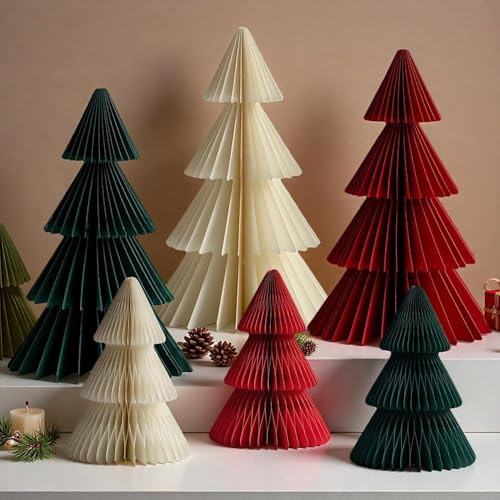 Papier Tannenbaum Papier Weihnachtsbaum Weihnachtsdeko Fensterbank,Christmas Decoration, Indoor for Dining Table, Cupboard, Windowsill, Mantle, Office (6pcs/Grün&rot&weiß)