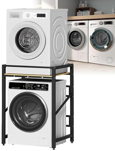 Washer Dryer Stand Stacking Kits, 3 Gear Height Adjustable Washing Machine Stacking Kits, Tumble Dryer Stacker Unit, 660lbs Max Load, 4X4cm Thick Metal Frame, for Bathroom Laundry Room (Black B)