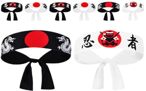 VERDANVERSE Bandeaux Japonerie Bandeau Bandana en Polyester Lot de 8 Style Traditionnel pour Costume de Chef Sushi et Accessoires de Karaté, pour Cosplay et Sports