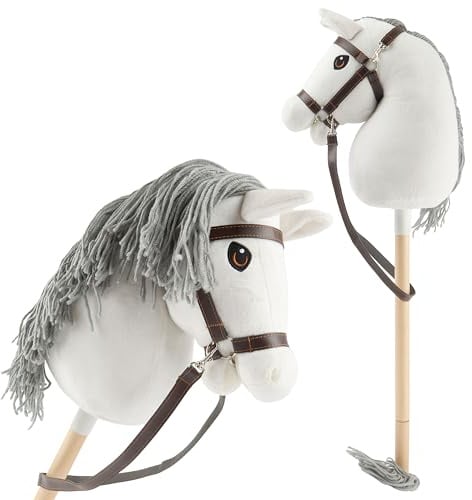 Bieco Hobby Horse Steckenpferd Schimmel - Größe S, mit Trense | Abnehmbarer Stock & Schweif, für Springreiten, Dressur & Spielen | Hobby Horse Pferde