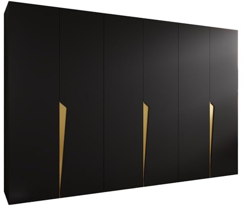 MEBLE KRYSPOL - Kleiderschrank - Garderobenschrank - 300 cm x 202 x 52 cm - Schrank mit Kleiderstange, 6 Türen - für Schlafzimmer, Flur - Piano, Schwarz, Griff Gold