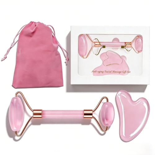 Gua Sha Visage Set Kit Complet avec Roller Quartz Rose Naturel à Double Rouleau, Grattoir Fcial en Forme de Cœur Et sac Rose Inclus, Multifonctionnel pour Visage Dos Jambes Et d’autres Zones