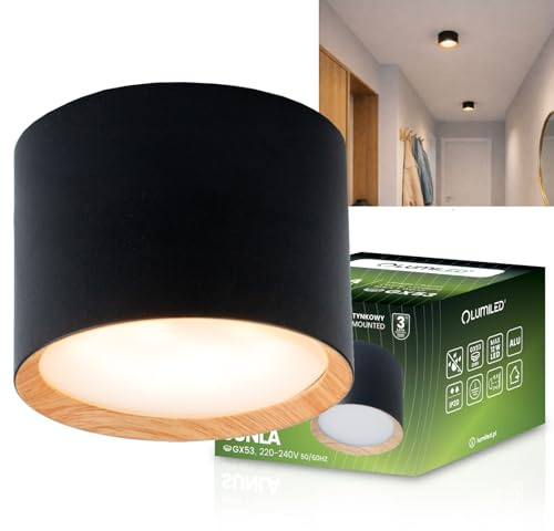 Lumiled Aufbauspot GX53 Fassung Schwarz Holz Akzent Natur Deckenspots Aufputz Deckenstrahler Aufbaustrahler Modern Spot Deckenleuchte Rund Aluminium für Flur Wohnzimmer Küche Schlafzimmer H: 6 cm