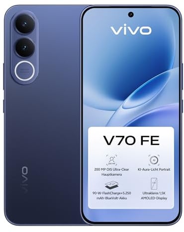 vivo V70 FE Smartphone, gestochen scharfe OIS-Hauptkamera mit 200 MP, 256 GB, 8 GB RAM, 5.250-mAh-BlueVolt-Akku, 90-W-Schnellladefunktion, gestochen scharfes AMOLED-Display in 1.5K