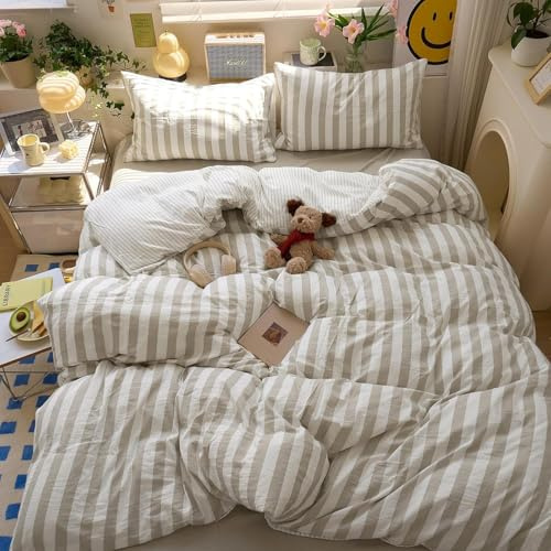 Freyamy Gestreifte Bettwäsche 135x200 Khaki Weiß Gestreift Bettwäsche Set | Aesthetic Wendebettwäsche Streifen, 2teilig, Microfaser ÖKO-TEX Bettbezug mit Reißverschluss und 1 Kissenbezug 80x80cm