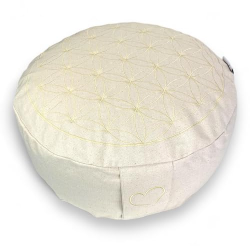 maylow Yoga mit Herz - Yogakissen Meditationskissen Stickerei Blume des Lebens 33x15 cm Anfänger und Geübte Buchweizenschalen gefüllt Bezug und Inlett 100% Baumwolle natur/light golden