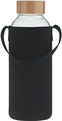 Ferexer Glasflasche 1.5 Liter Sport Borosilikat Trinkflasche Glas Wasserflasche mit Bambus Deckel mit Neoprenhülle 1500 ml / 1.5 L