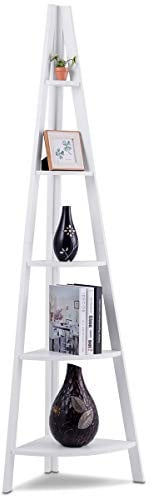 COSTWAY Eckregal, Standregal weiß, Bücherregal mit 5 Ablagen, Aktenregal Ecke, Dekoregal für Küche/Schlafzimmer/Wohnzimmer/Büro, Badregal Holz (Modell 1)