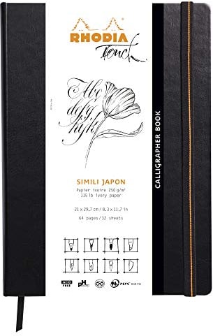 Rhodia 116125C - Heft Calligrapher Book DIN A4 (21x29,7 cm), 32 Blatt, blanko, Clairefontaine Papier Simili Japon Elfenbein 250g, Gummizugverschluss, Lesezeichen, Cover aus Kunstleder Schwarz, 1 Stück