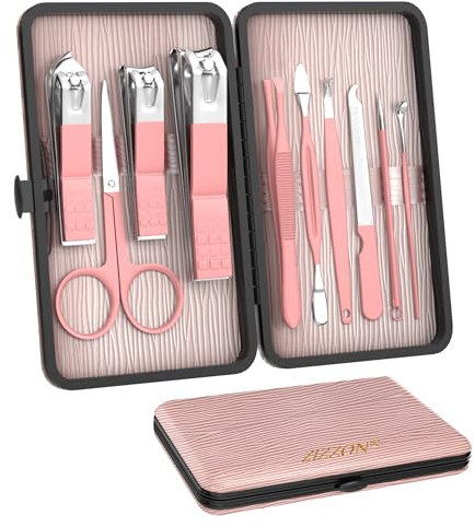 ZIZZON Travel Mini Manicure Set Nail Clipper Set 10 in 1 Stainless Steel Pedicure Care Grooming kit with Case Pink