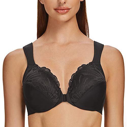 MELENECA Front Fastening Bras for Women Plus Size Underwire Unlined Lace Cup Cushion Strap Black 44C