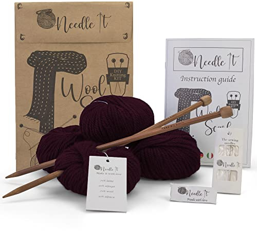 Needle It® - Komplettes Strickset für Anfänger mit Stricknadeln - Strickschal aus Wolle - Geschenkidee (Burgunderrot)