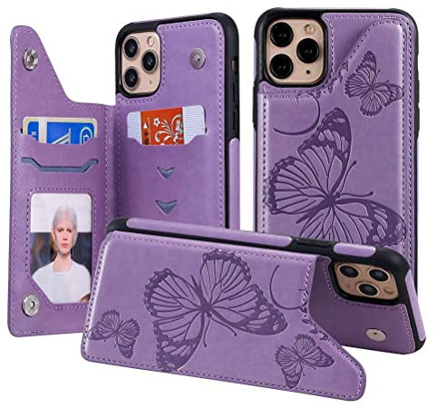 SUMOON iPhone 11 Pro Leather Case for Women Girl Purse Flip Wallet Case Back Cover with Card Holder Slim Silicone Back Case Girly Butterfly Embossed Magnetic Phone Case for iPhone 11 Pro Purple